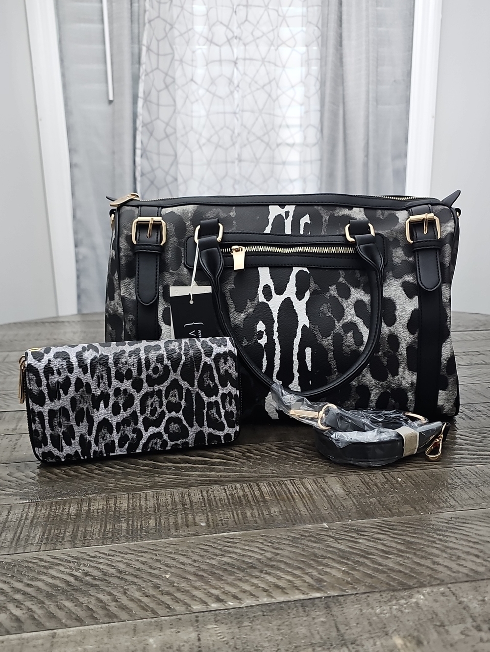 Black & Gray Leopard Print Satchel with Matching Wallet